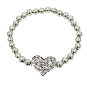 Beaded Bracelet With Pave Heart: Silver (BS645L) Bracelet athenadesigns 