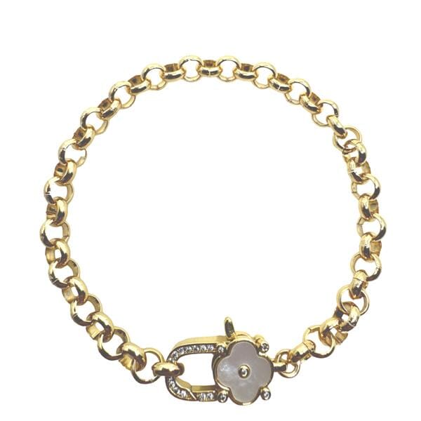 Rolo Chain & CZ Clover Clasp Bracelet: Mother of Pearl (BCG4585W) Bracelet athenadesigns
