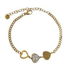 Load image into Gallery viewer, Stainless Steel: Curb Chain with Hearts &amp; CZ; Rhodium or Gold Plated (B_SS4605) Bracelet athenadesigns Gold Plated: BGSS4605 
