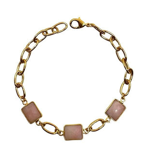 Semi Precious Bezel Set Rectangles on Plated Chain Bracelet: Pink Opal (BCG487PO) Bracelet athenadesigns 