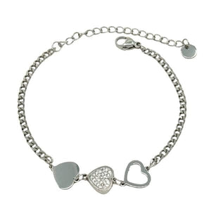 Stainless Steel: Curb Chain with Hearts & CZ; Rhodium or Gold Plated (B_SS4605) Bracelet athenadesigns Rhodium Plated: BSS4605 