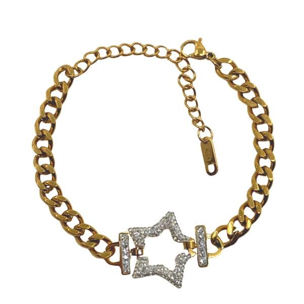 Stainless Steel: Gold Plated Curb Chain With Cz Star Bracelet (BGSS45STR) Bracelet athenadesigns 