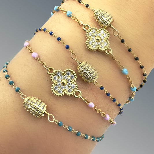 2mm Enamel Gold Fill Chain With CZ Clover Bracelet: Pink (BG7845PK) Bracelet Athena Designs