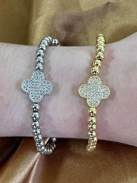 Clover Bracelet on 5mm Plated Gold Beads: Gold or Silver Pave (BG485CLVG) Bracelet athenadesigns
