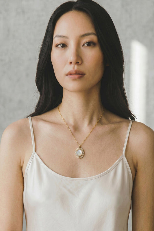 Mother of Pearl, Pearl & CZ Oval Pendant Necklaces athenadesigns