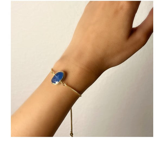 Pull Chain Bracelet: Bezel Set Oval Gemstone: Blue Chalcedony (PGBT708BC) Bracelet athenadesigns