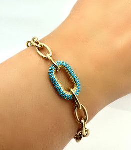 Plated Link Chain with Oval CZ Link: Turquoise (BCG4508TQ) Bracelet athenadesigns 