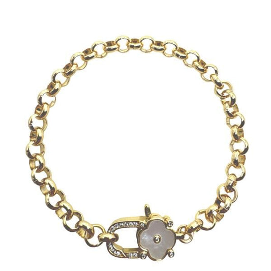 Rolo Chain & CZ Clover Clasp Bracelet: Mother of Pearl (BCG4585W) Bracelet athenadesigns 