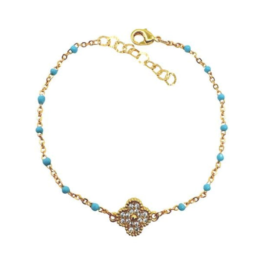 2mm Enamel Gold Fill Chain With CZ Clover Bracelet: Turquoise (BG7845TQ) Bracelet Athena Designs 