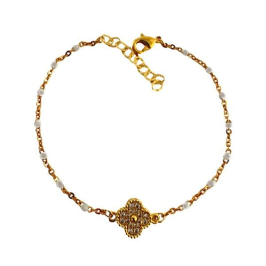 2mm Enamel Gold Fill Chain With CZ Clover Bracelet: White (BG7845W) Bracelet Athena Designs 