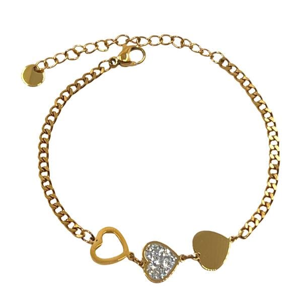 Stainless Steel: Curb Chain with Hearts & CZ; Rhodium or Gold Plated (B_SS4605) Bracelet athenadesigns Gold Plated: BGSS4605 