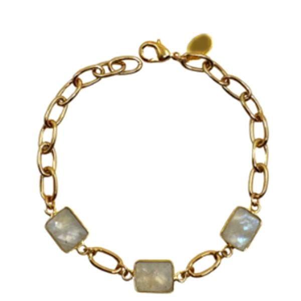 Semi Precious Bezel Set Rectangles on Plated Chain Bracelet: Moonstone (BCG487MN) Bracelet athenadesigns 