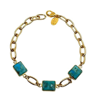Semi Precious Bezel Set Rectangles on Plated Chain Bracelet: Turquoise (BCG487TQ) Bracelet athenadesigns 