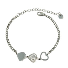 Load image into Gallery viewer, Stainless Steel: Curb Chain with Hearts &amp; CZ; Rhodium or Gold Plated (B_SS4605) Bracelet athenadesigns Rhodium Plated: BSS4605 
