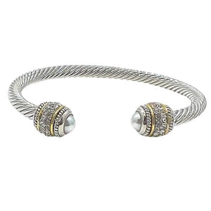 Cable Bracelet with Pave Stone Endcap: Pearl (B4057W) Fashion Bracelet athenadesigns Silver/Pearl 