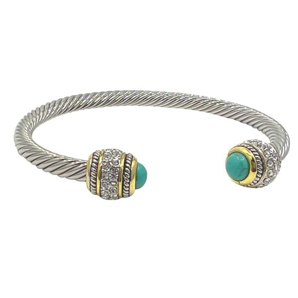 Cable Bracelet with Pave Stone Endcap: Turquoise (B4057TQ) Fashion Bracelet athenadesigns Silver/Turquoise 
