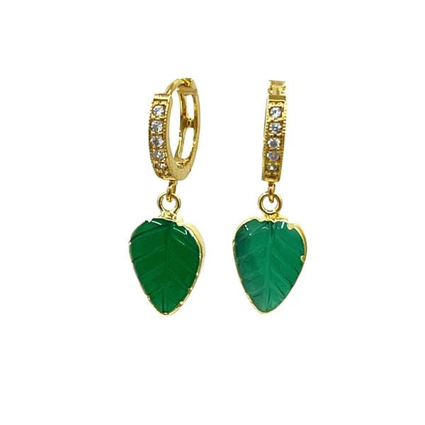 Hoops: CZ With Bezel Set Gemstone Leaves: Green Onyx (EGH7844GO) Earrings athenadesigns 