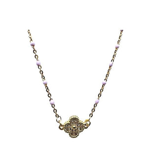 Pink Enamel Bead GF Chain With Gold Fill CZ Clover (NG7845PK) Necklaces athenadesigns 