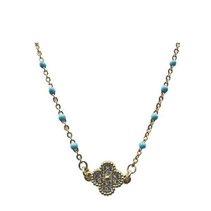 Turquoise Enamel Bead GF Chain With Gold Fill CZ Clover (NG7845TQ) Necklaces athenadesigns 