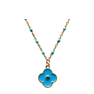 Clover: Small Turquoise Enamel Pendant With CZ Center On Beaded Chain (NGCH7485TQ) Necklaces athenadesigns 