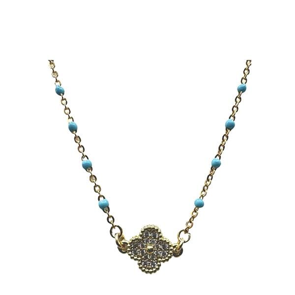 Turquoise Enamel Bead GF Chain With Gold Fill CZ Clover (NG7845TQ) Necklaces athenadesigns 