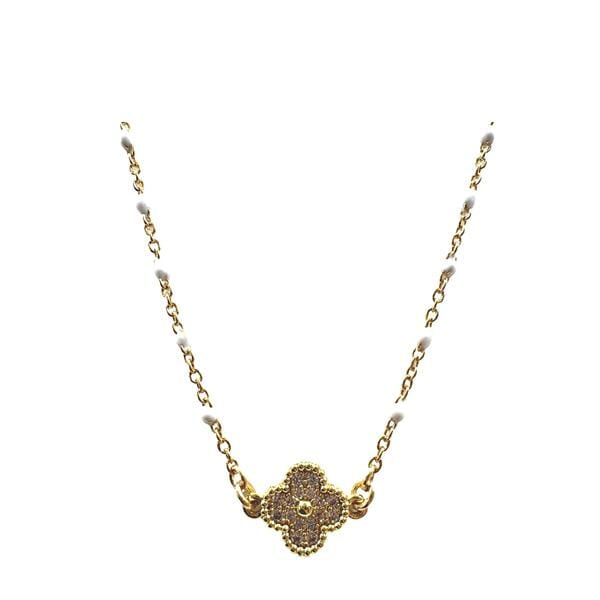 White Enamel Bead GF Chain With Gold Fill CZ Clover (NG7845W) Necklaces athenadesigns 