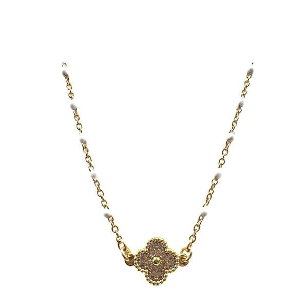 Clover: Small Wt Enamel Pendant With CZ Center On Beaded Chain (NGCH7485W) Necklaces athenadesigns 