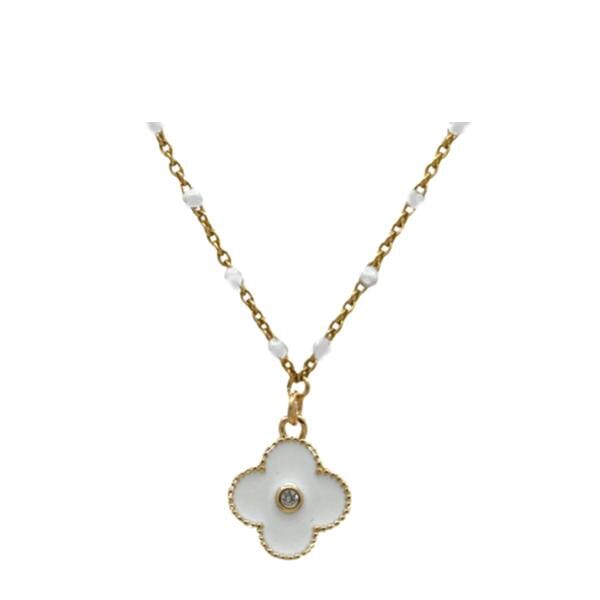 Clover: Small Wt Enamel Pendant With CZ Center On Beaded Chain (NGCH7485W) Necklaces athenadesigns 