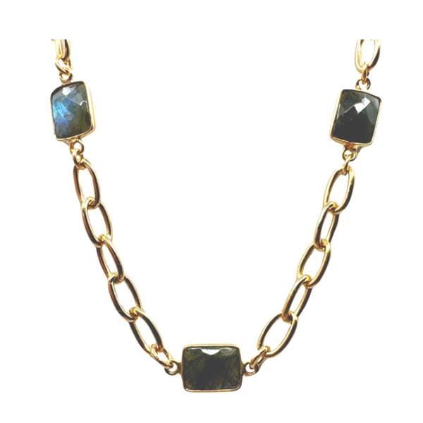 Semi Precious Bezel Set Rectangles on Plated Chain: Labradorite (NCG487LD) Necklaces athenadesigns 