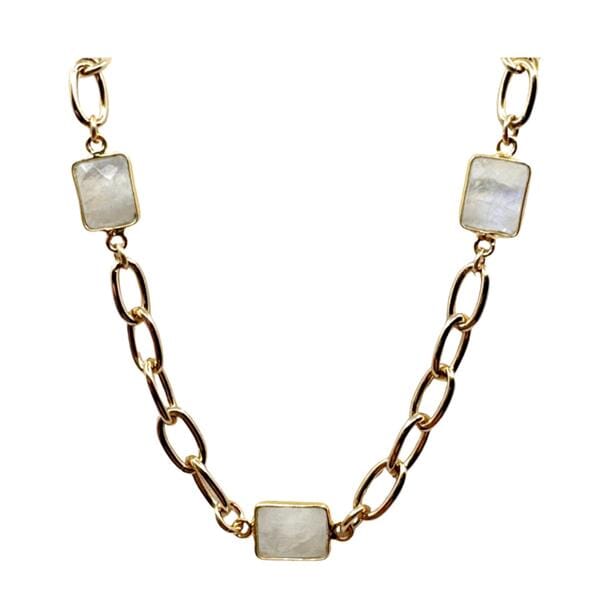 Semi Precious Bezel Set Rectangles on Plated Chain: Moonstone (NCG487MN) Necklaces athenadesigns 
