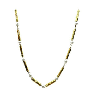 Pearl: Gold Fill 'Hammered Bars' and Pearl Necklace (NG4830) Necklaces athenadesigns 