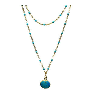 Double Strand 3mm Beaded Necklace With Oval Charm: Turquoise (NG2/704TQ) Necklaces athenadesigns 