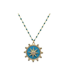 Load image into Gallery viewer, Enamel Starburst Charm on Plated or Gold Vermeil Beaded Chain:Turquoise (_NGCP756TQ) Necklaces athenadesigns Gold Vermeil Beaded Chain: NGP756TQ 
