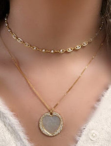 Heart: Large Stone Heart Set in 18kt Gold Fill With CZ Halo: Mother of Pearl (NGCP65WT) Necklaces athenadesigns 