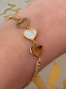 Stainless Steel: Curb Chain with Hearts & CZ; Rhodium or Gold Plated (B_SS4605) Bracelet athenadesigns 