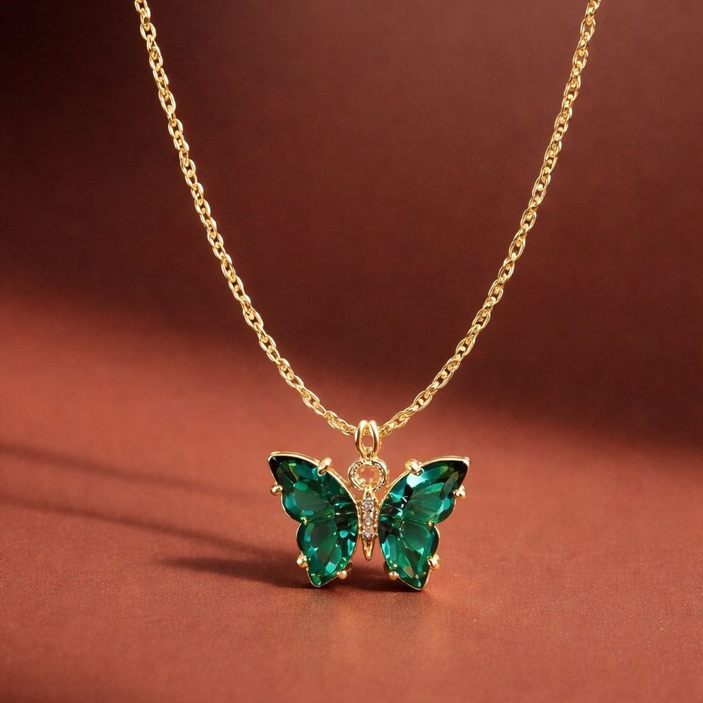 Glass Butterfly Pendant Necklace Emerald Necklaces athenadesigns 
