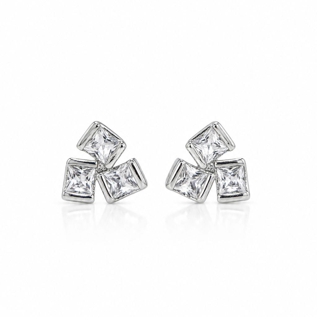 Luxe Square Cluster Studs Earrings Davinci ESS639 Silver 