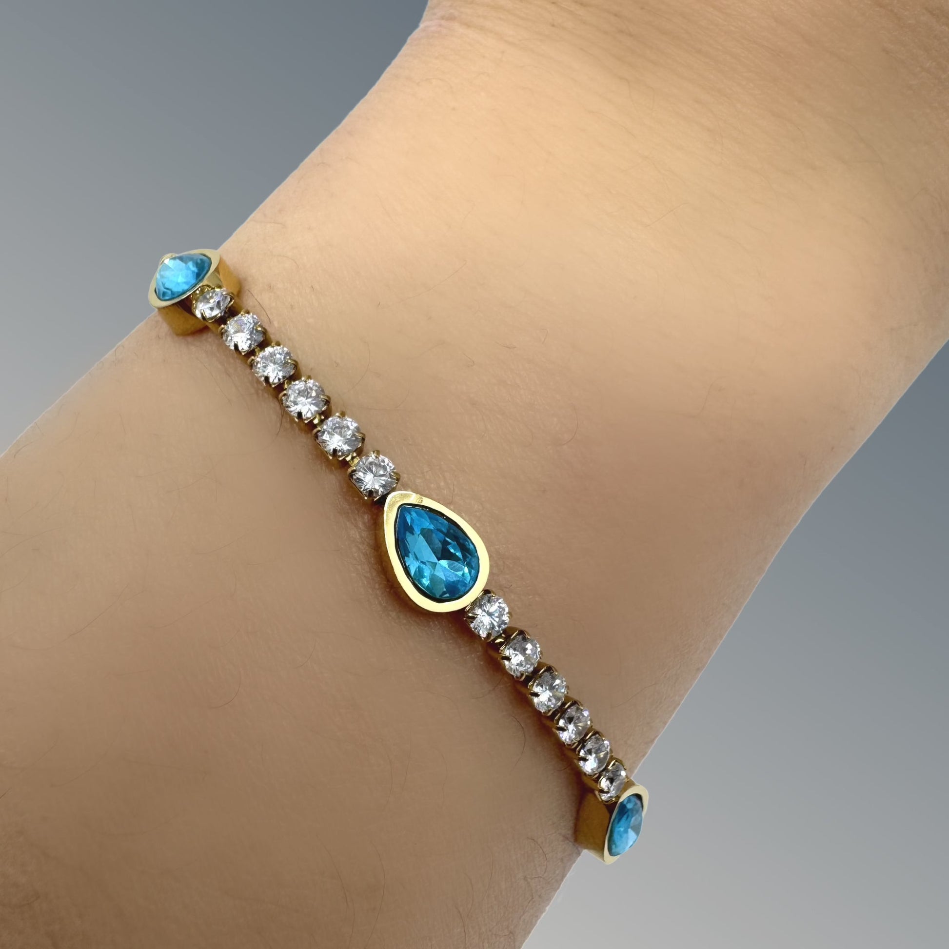 Stainless Steel & CZ Bracelet With 3 Blue Teardrops (BGSS3/45B) Bracelet athenadesigns 