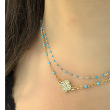 Load image into Gallery viewer, Turquoise Enamel Bead GF Chain With Gold Fill CZ Clover (NG7845TQ) Necklaces athenadesigns 
