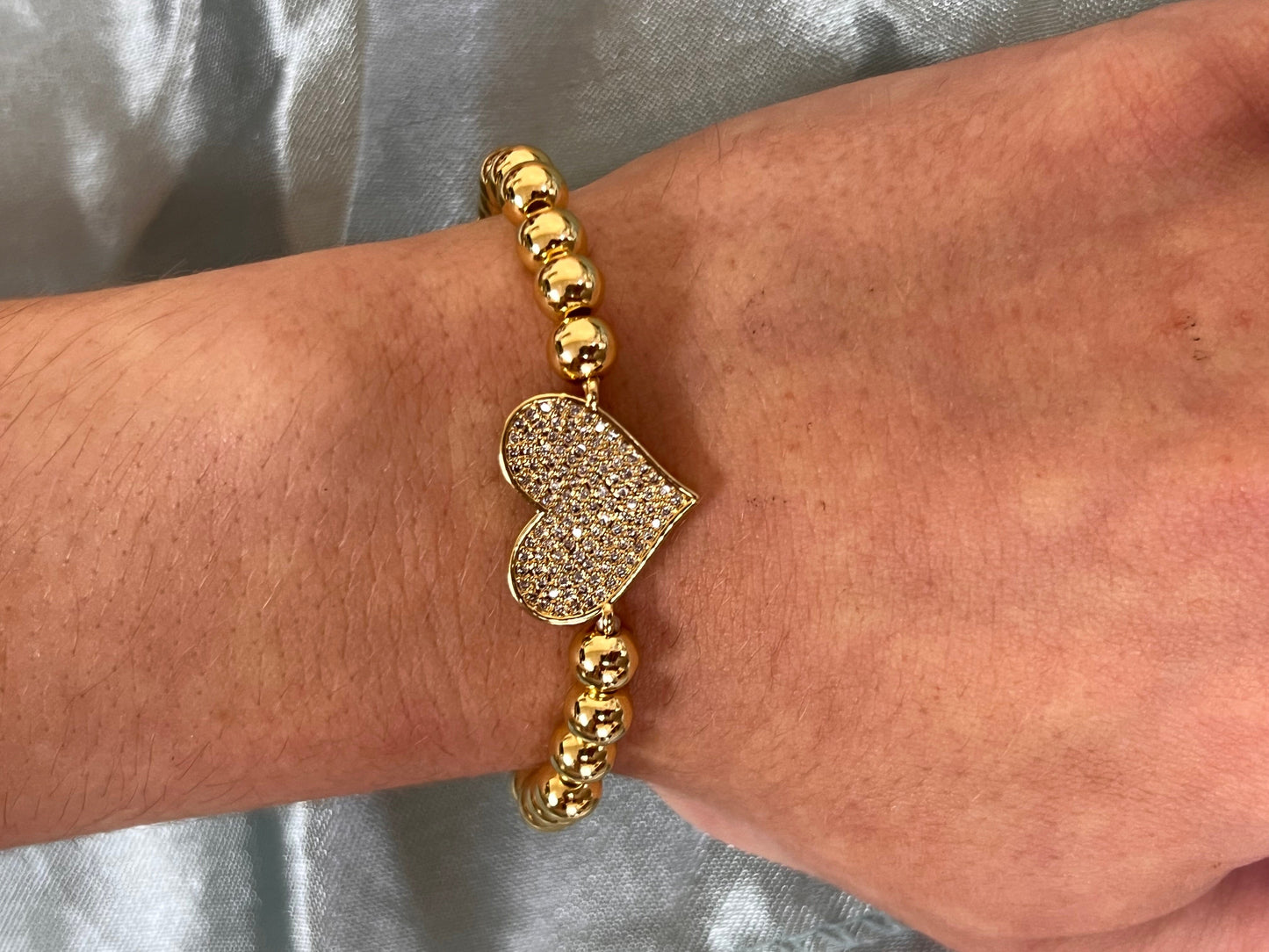 Beaded Bracelet With Pave Heart: Gold (BG645L) Bracelet athenadesigns 