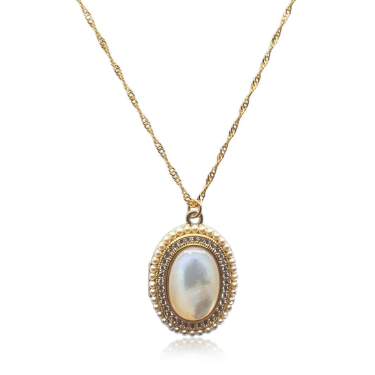 Mother of Pearl, Pearl & CZ Oval Pendant Necklaces athenadesigns NGCP458MOP 