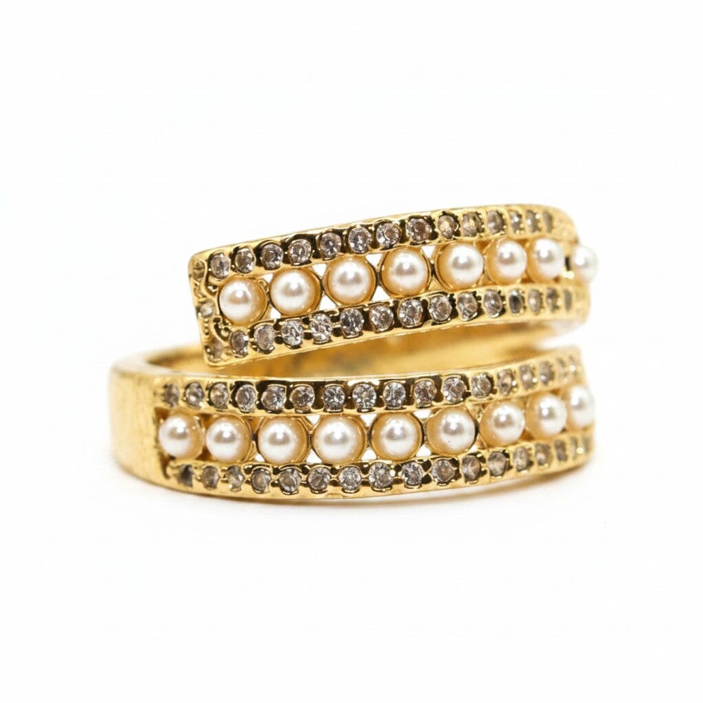 Spiral Pearl & CZ Adjustable Ring Rings athenadesigns RG534 