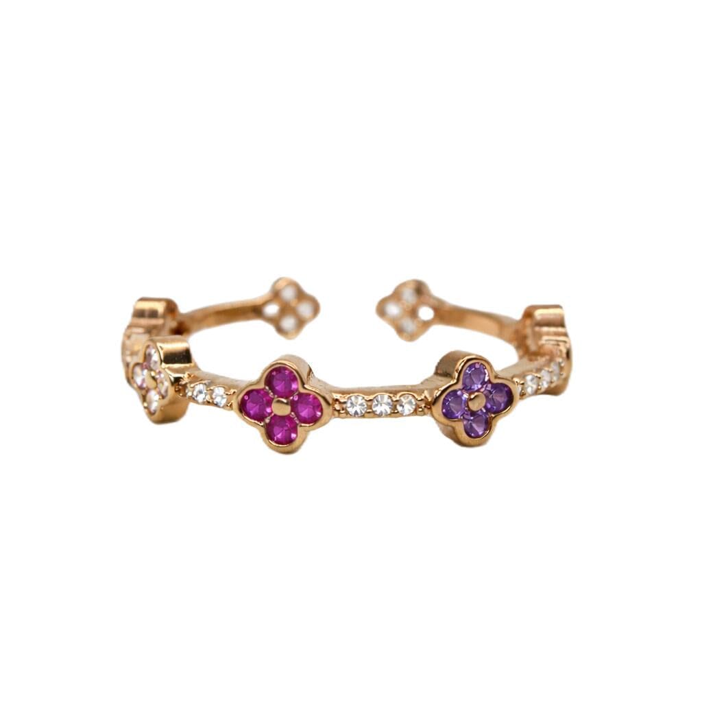 CZ Clover Station Ring Rings RM RGM35 Gold/Multi Adj