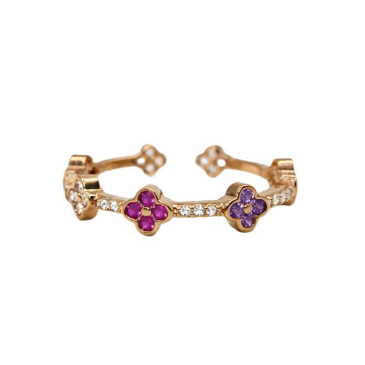 CZ Clover Station Ring Rings RM RGM35 Gold/Multi Adj