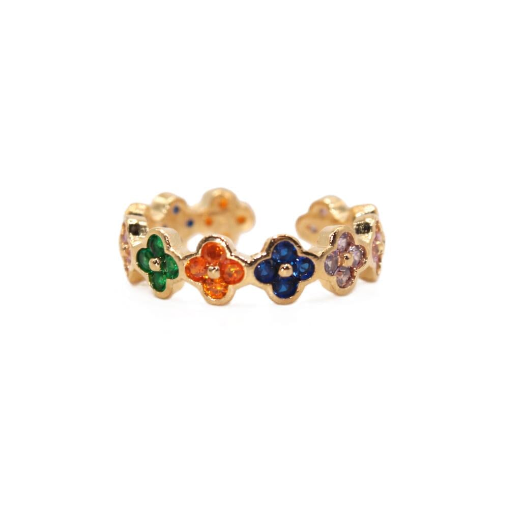 CZ Multi Clover Station Ring Rings RM RGM355 Gold/Multi Adj