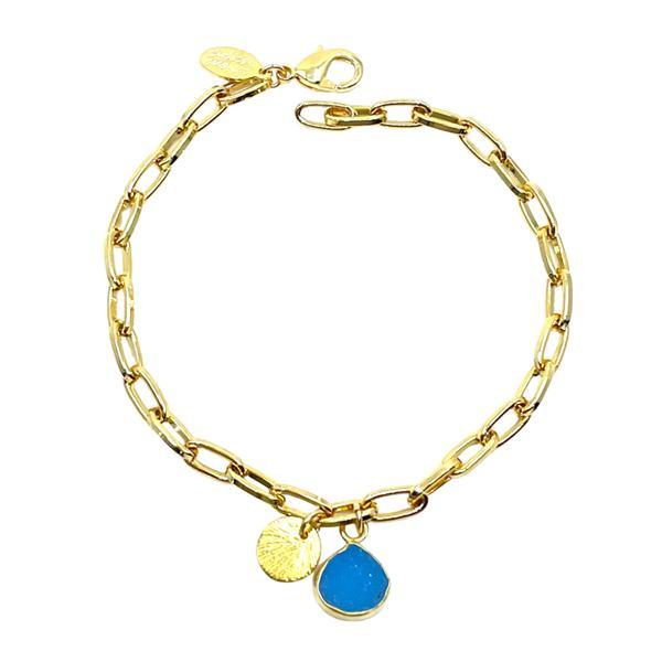 Link Chain Bracelet: Gold Plated With Blue Druzy Charm (BGCH74DZB) Bracelet athenadesigns 
