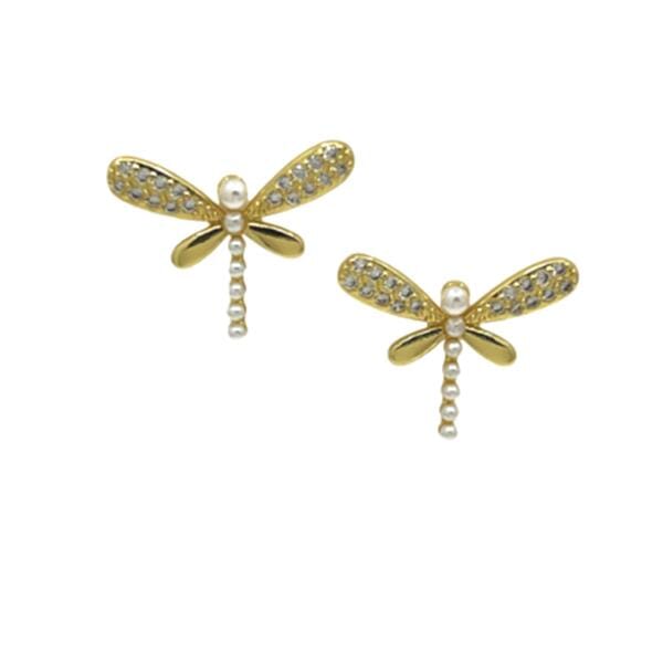 Dragonfly Pearl and CZ Post Earrings (EGP4853DF) Earrings athenadesigns 
