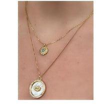 Load image into Gallery viewer, Evil Eye &#39;Halo&#39; Charm: CZ and Mother of Pearl on 18kt Gold Fill Chain (NGCP45EEW) Necklaces athenadesigns 
