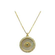 Load image into Gallery viewer, Evil Eye &#39;Halo&#39; Charm: CZ and Mother of Pearl on 18kt Gold Fill Chain (NGCP45EEW) Necklaces athenadesigns 
