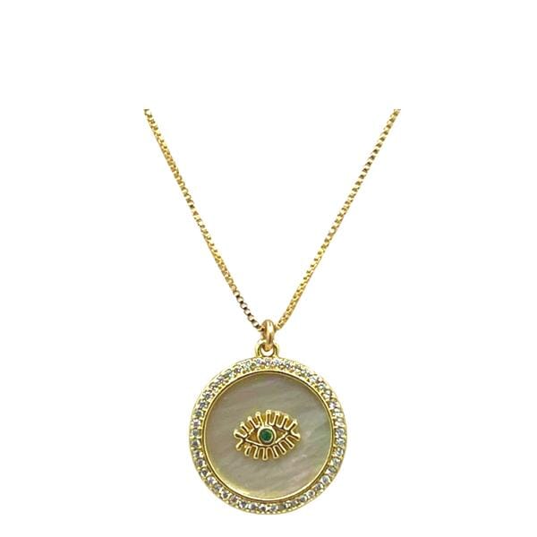 Evil Eye 'Halo' Charm: CZ and Mother of Pearl on 18kt Gold Fill Chain (NGCP45EEW) Necklaces athenadesigns 
